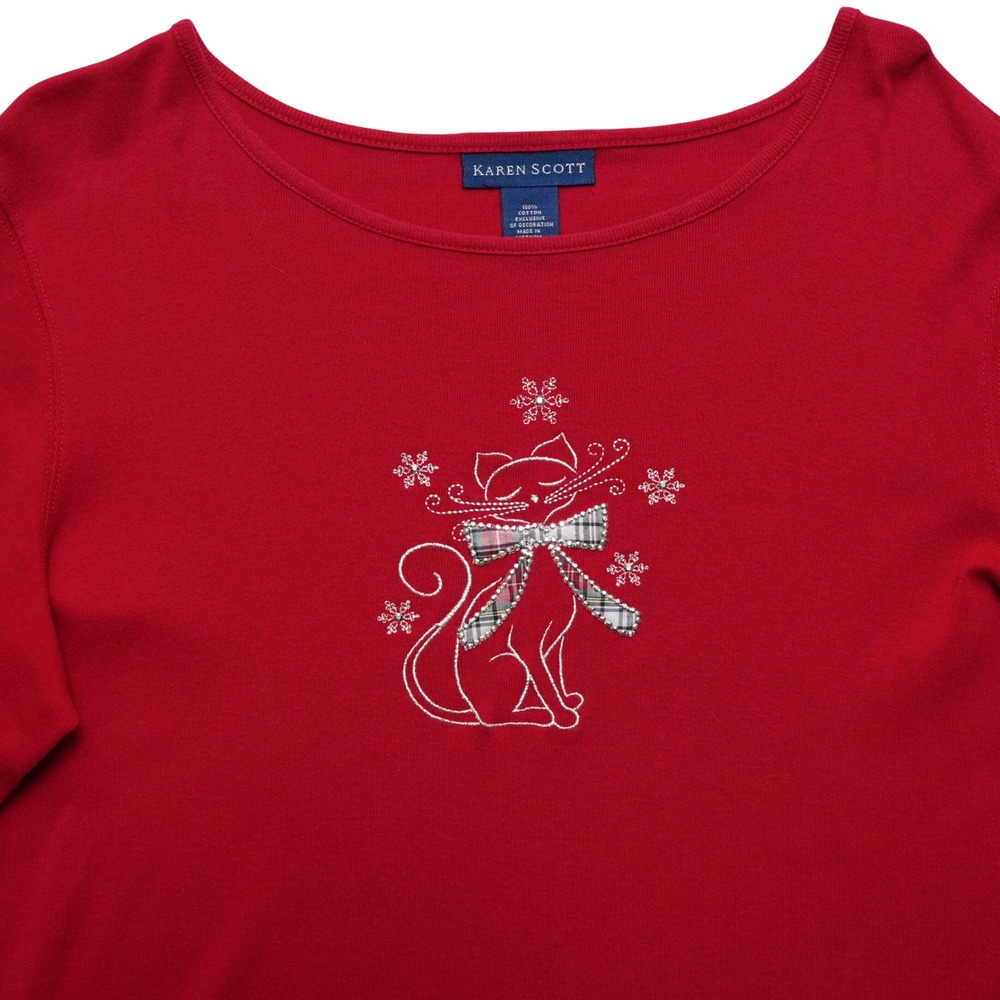 Karen Scott Womens Large Christmas Cat Plaid Bow Rhinestone Holiday Top